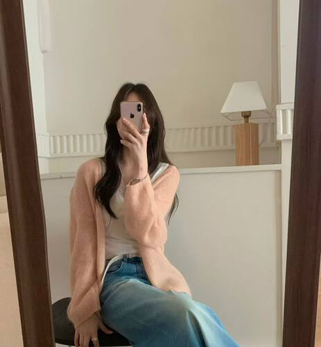 韩版DY lessismore慵懒敞开式无扣橘粉色马海毛针织开衫宽松毛衣