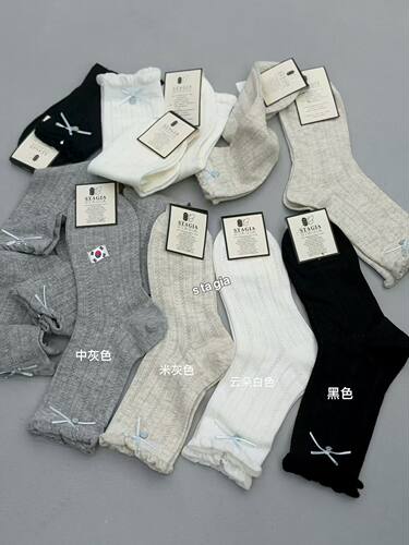 26早春韩版st蝴蝶结小熊小标装饰镂空中筒袜女可爱薄款堆堆袜子