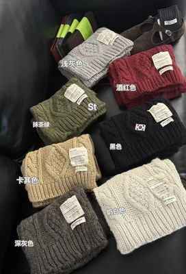 St韩版纯色麻花编织好看针织羊毛贴布标签米白色围巾秋冬保暖围脖