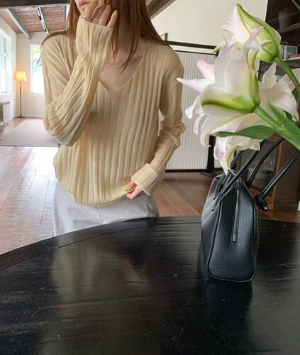26早秋韩版sliver慵懒百搭显瘦V领坑条针织衫女显瘦宽松毛衣上衣