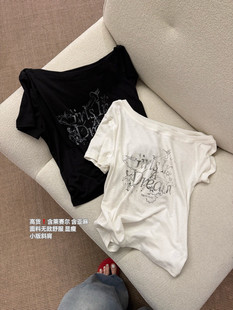 26夏韩版id sister字母斜肩莱塞尔亚麻短袖T恤女显瘦百搭上衣TEE