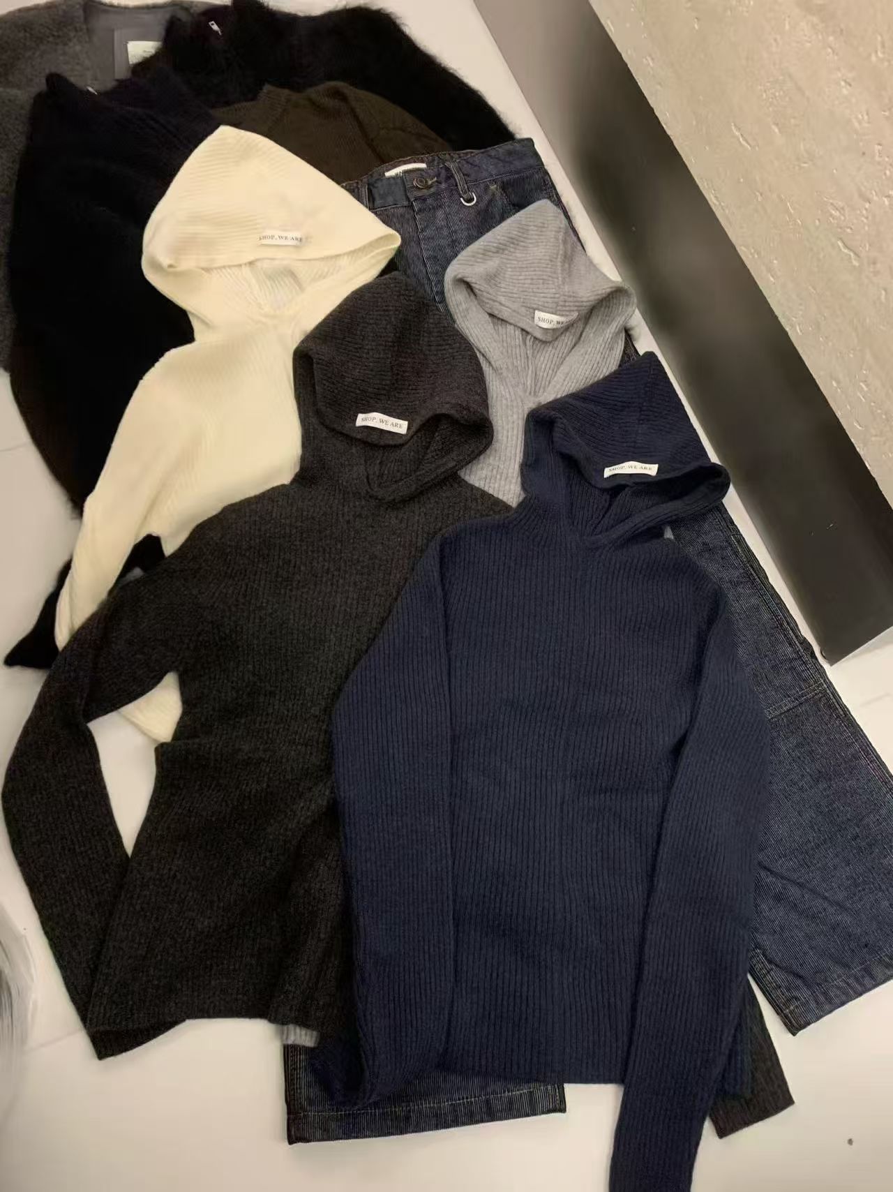 冬韩版sliver纯色字母贴标连帽坑条羊毛针织衫露指毛衣打底衫上衣