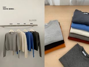 2025秋冬韩版 女宽松休闲短毛衣 river复古圆领羊绒羊驼纯色针织衫