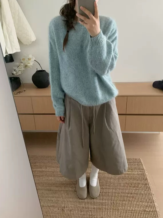 25秋冬新款韩版sliver蓝色混纱花纱羊毛拉毛套头宽松毛衣女针织衫