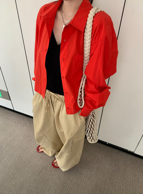 26年早春新款韩版insist简约红色翻领短衬衫女宽松长袖衬衣上衣