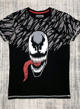 外贸尾货胸围94CM漫威毒液印花黑色全棉圆领短袖T恤夏季街头休闲