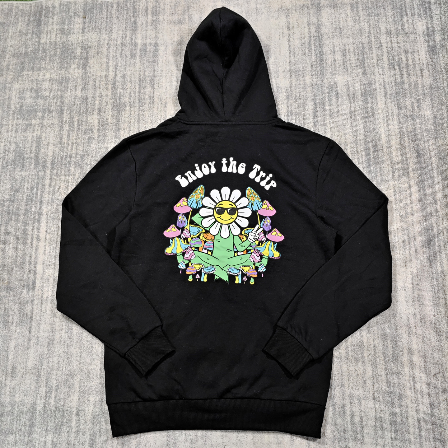 胸围110CM老美街头滑板运动休闲黑色薄款植物印花连帽套头卫衣