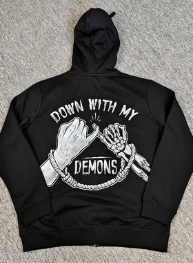 大码胸围128-164CM老美复古机车骷髅印花连帽拉链卫衣棉绒休闲