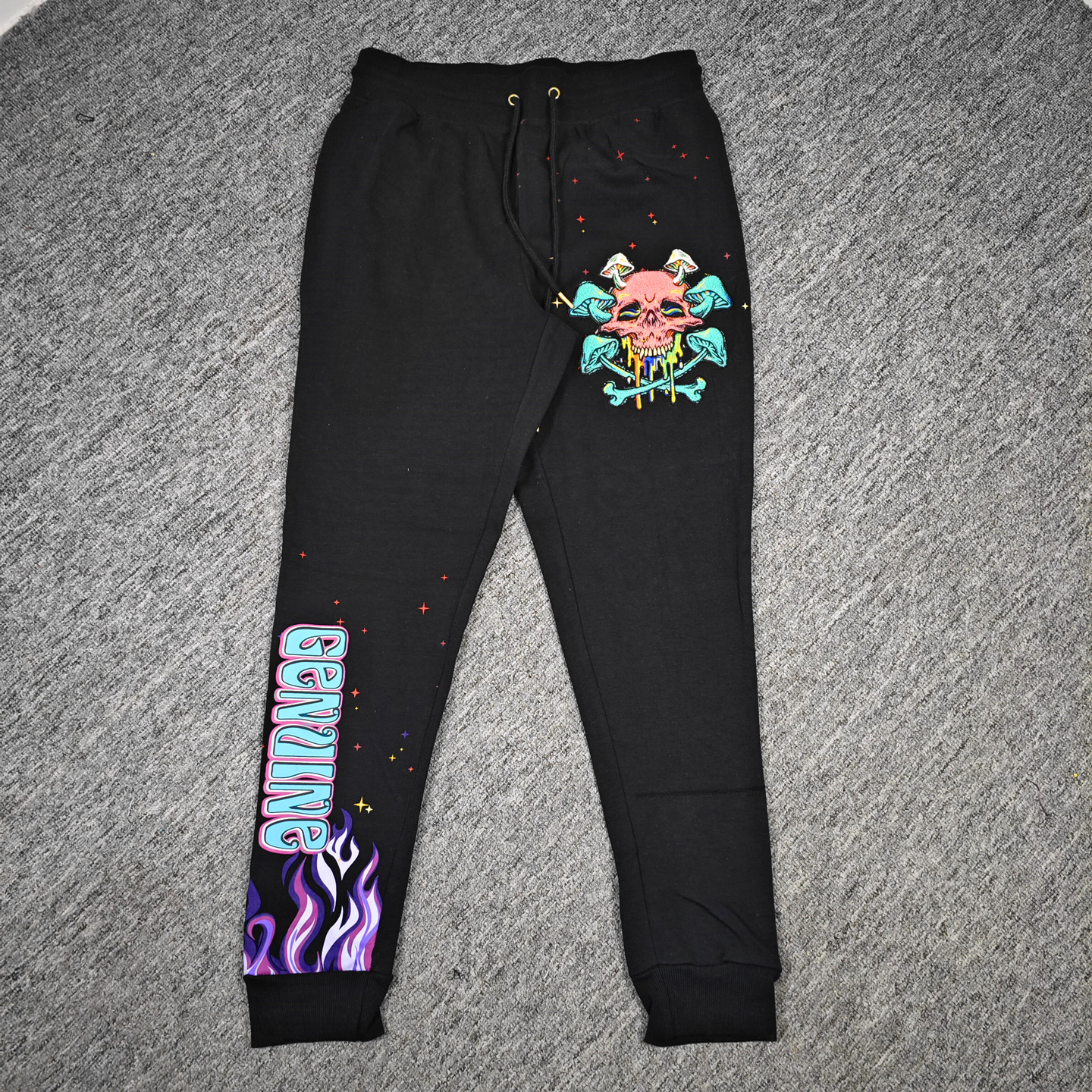 瑕疵腰围88-102CM美式高街暗黑风骷髅蘑菇毛巾绣束脚男长卫裤休闲