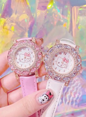 韩版儿童手表女孩时尚防水石英表卡通可爱公主粉KT猫小学生电子表