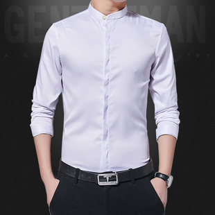 白圆领衬衫男长袖早秋季薄款中山装中华立领无领占领直领中式衬衣