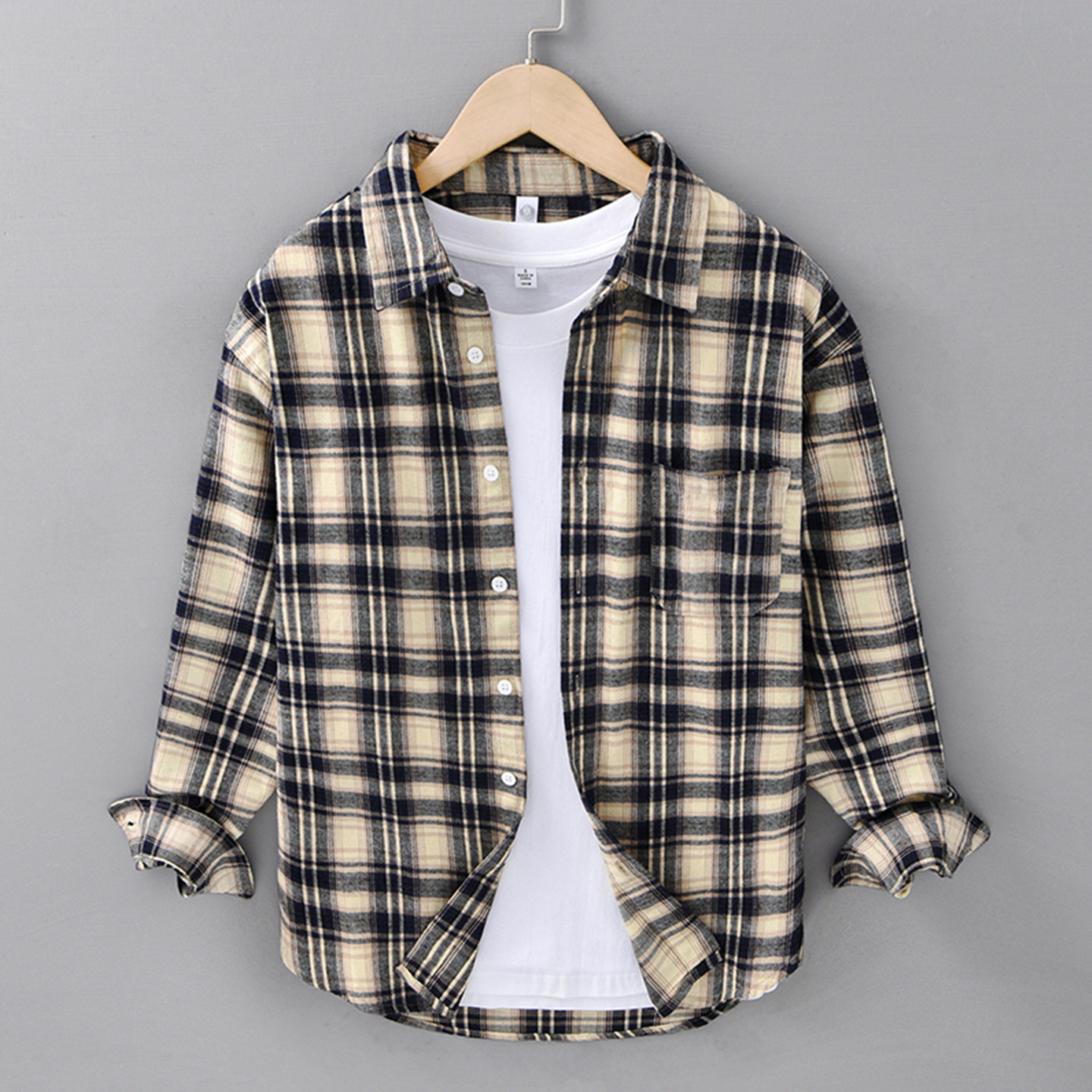 男士衬衫长袖春夏季亚麻宽松版格子格纹青少年高中学生衬衣有口袋