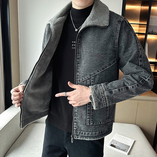 牛仔衣外套男士秋冬季保暖翻领拉链开衫卫衣大码韩版加绒加厚夹克
