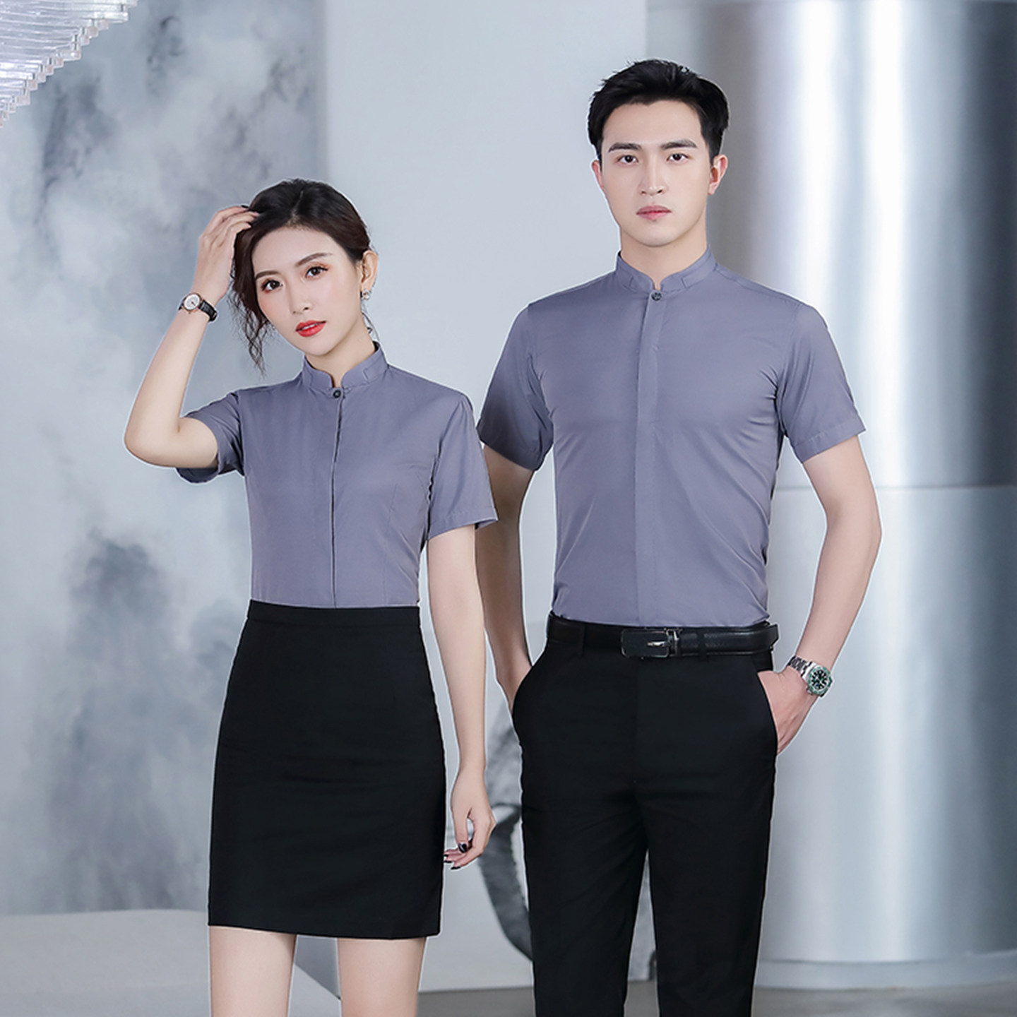 灰色圆领衬衫男短袖夏薄款中山装职业直暗门襟女同款立领衬衣半袖