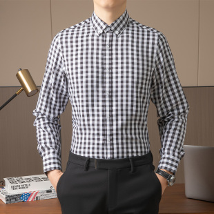 小格子男士衬衫长袖春秋季薄款中老年黑白方格格休闲打底衬衣修身