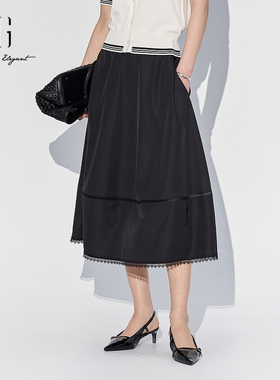 XG雪歌优雅蕾丝拼接黑色半身裙女2025夏款通勤中长裙XL203556A890