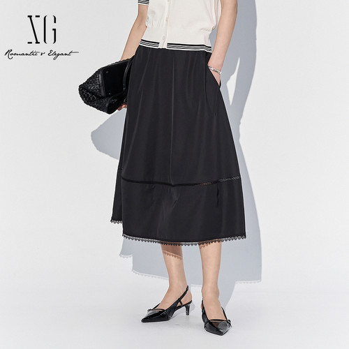 XG雪歌优雅蕾丝拼接黑色半身裙女2025夏款通勤中长裙XL203556A890