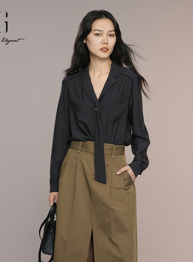 XG雪歌25秋通勤宽松垂感丝光法式V领飘带衬衫女长袖XK321014A390