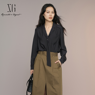 XG雪歌25秋通勤宽松垂感丝光法式V领飘带衬衫女长袖XK321014A390