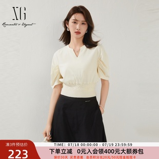 收腰短款 xg雪歌淑女风半开V领针织拼接T恤女短袖 上衣XK201648A830