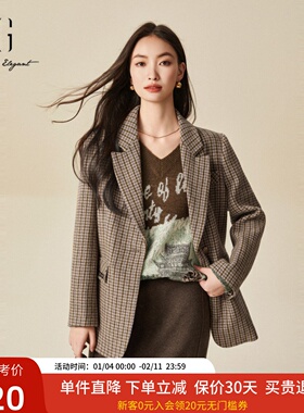xg雪歌100%绵羊毛复古格纹西装外套女2024冬新款上衣XJ407032B695