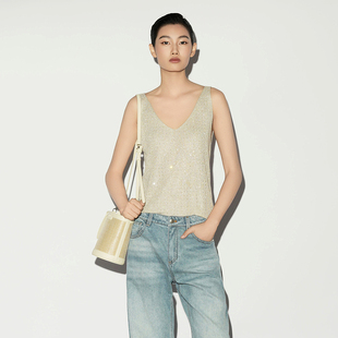 XG雪歌重工烫钻V领针织背心女26夏无袖 内搭显瘦上衣XL211001A160
