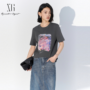 显瘦遮肉短袖 XG雪歌印花宽松圆领正肩T恤女25夏新款 XL201545A884