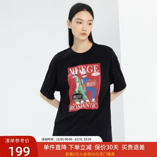 xg雪歌创意印花黑色短袖 百搭圆领上衣XJ101015A190 T恤女2024春款