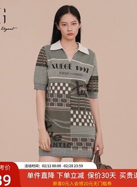 XG雪歌花色针织连衣裙女2025春款套头翻领休闲中长裙XK111026B593