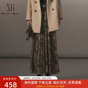 xg雪歌2024冬款 国风印花半身裙女高腰显瘦A字中长裙XJ403033B396