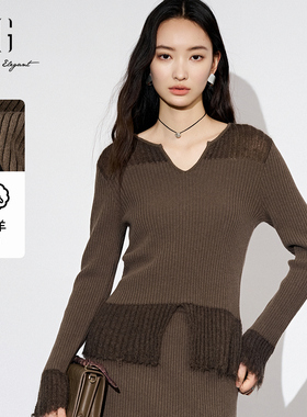 XG雪歌25秋设计感拼接开叉设计显瘦V领针织衫上衣女XL311803A844