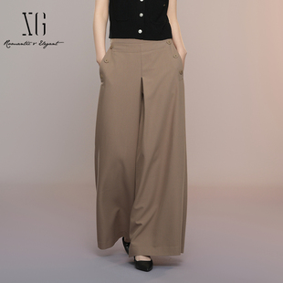 XK302001A109 垂感显瘦拖地休闲裤 XG雪歌复古纽扣阔腿裤 女2025秋款