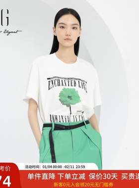 xg雪歌字母印花白色短袖T恤女2024春款休闲圆领上衣XJ101008A451