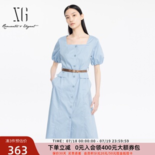 xg雪歌2024夏新款 高腰连衣裙XJ204044A521 显瘦方领灯笼袖 简约长款