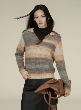 XG雪歌2025冬新款松弛慵懒复古翻领渐变套头针织衫女XK411049B133