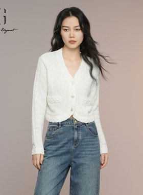 XG雪歌2025秋显瘦V领miu系通勤小香风短款针织开衫女XK311028A391