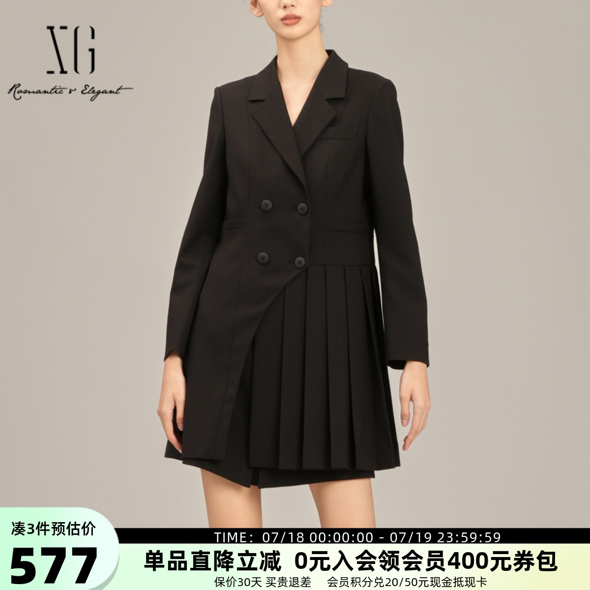 XG雪歌赫本风黑色西装外套连衣裙收腰短裙2025春新款XK107001A190