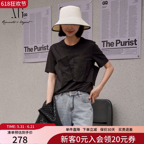 XG雪歌100%棉黑色短袖T恤女XK201043A990