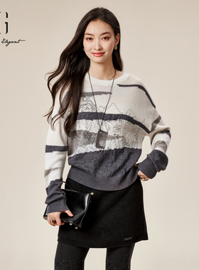 xg雪歌2024冬款雅致水墨风印花松弛百搭套头针织衫女XK411825B806