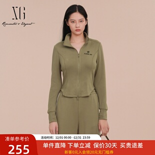 上衣XK101015A573 双拉链修身 XG雪歌短款 立领休闲外套女2025春新款