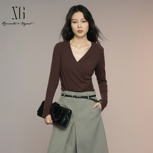 T恤女百搭V领上衣XK301007A572 长袖 XG雪歌2025秋新款 极简修身