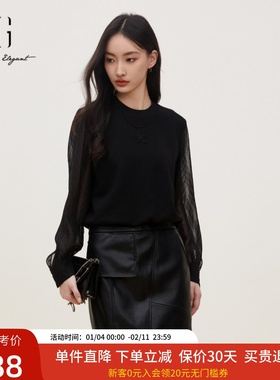 xg雪歌黑色网纱拼接轻薄卫衣女2024秋装新款休闲上衣XK301720A890