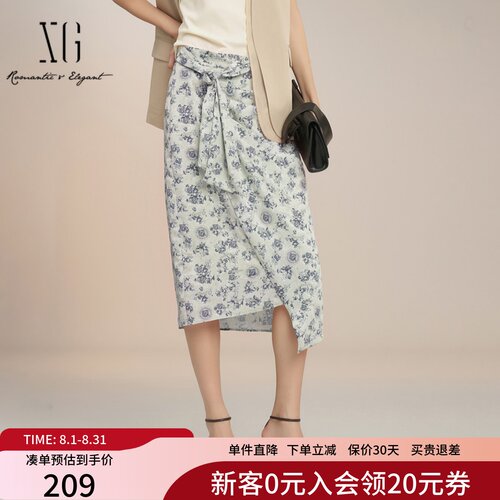 XG雪歌复古印花半身裙女25夏款不规则下摆直筒中长裙XK203013B293
