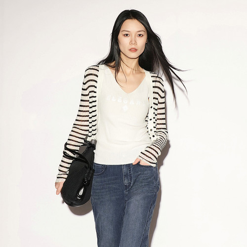 XG雪歌 条纹针织开衫女XL211026B299