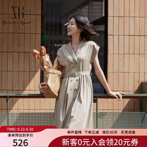 XG雪歌复古双排扣通勤连衣裙女2025夏新款优雅中长裙XK204007A272