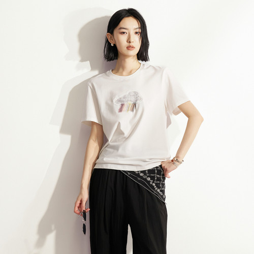 XG雪歌温柔风彩虹云朵T恤女夏宽松圆领百搭短袖上衣XM201579A851