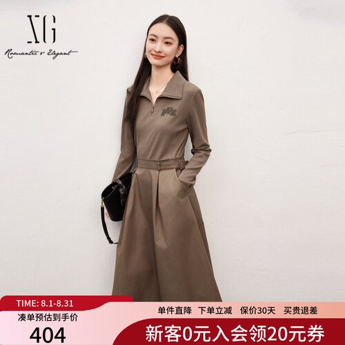 XG雪歌领带搭配假两件连衣裙2025春新款套头中长裙女XK104011A209