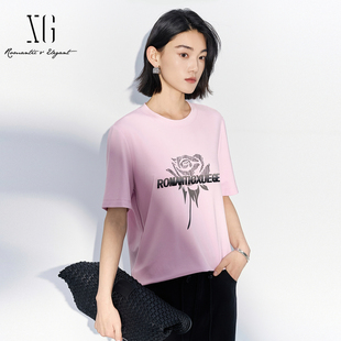 宽松简约短袖 XG雪歌正肩圆领印花T恤女2025夏款 上衣XL201527A816