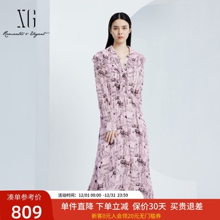 xg雪歌100%桑蚕丝荷叶边拼接领长袖 XJ304005B297 连衣裙女24秋新款