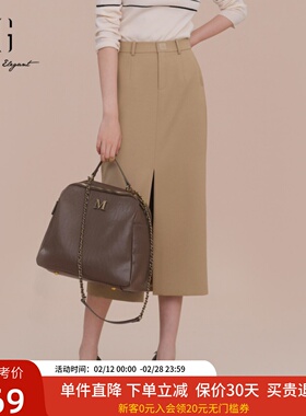 XG雪歌直筒高腰半身裙女春装25新款气质开叉中长裙子XK103019A173